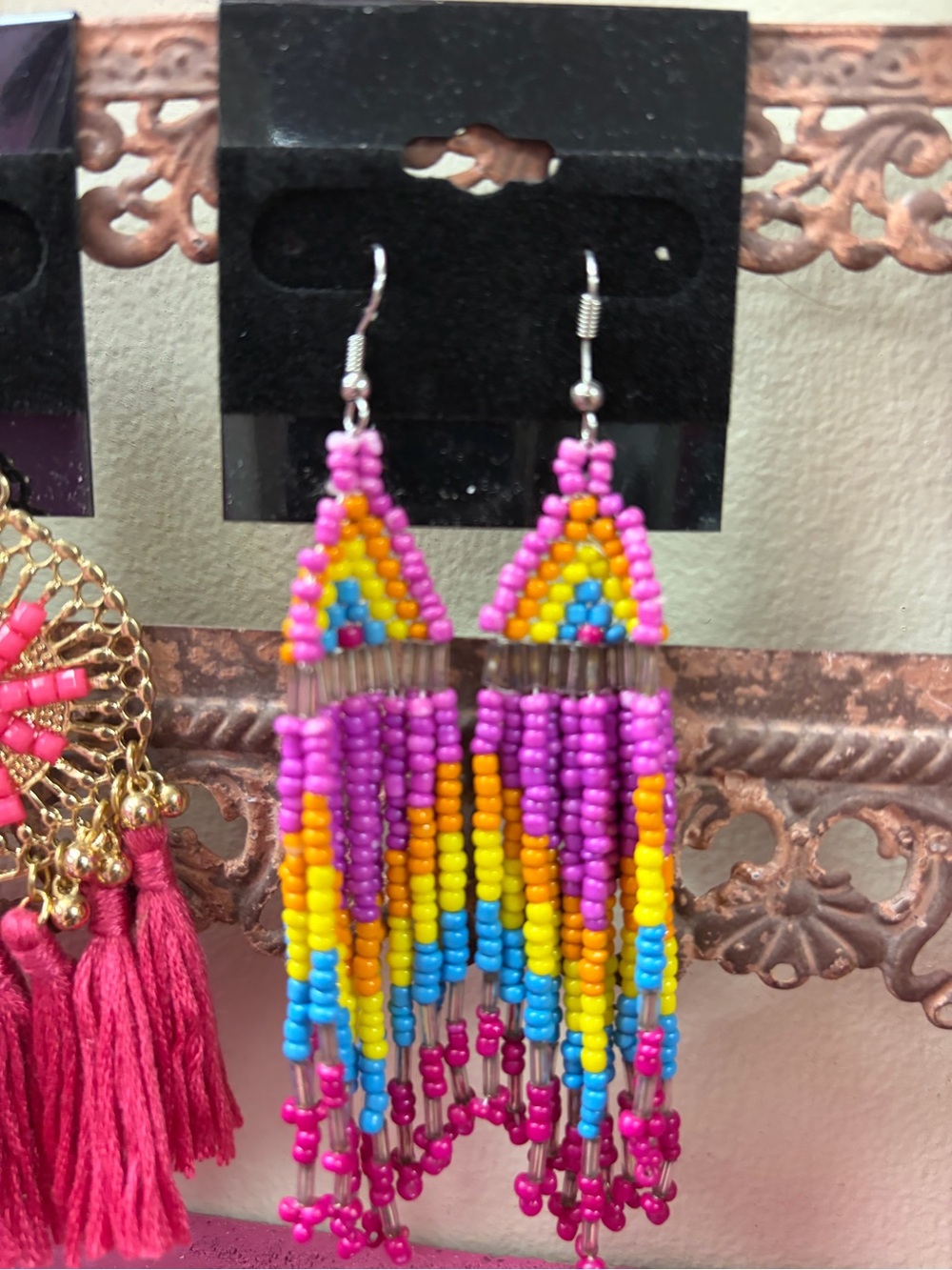 Boho Handcrafted Pink Multicolor Beaded Fringe Earrings